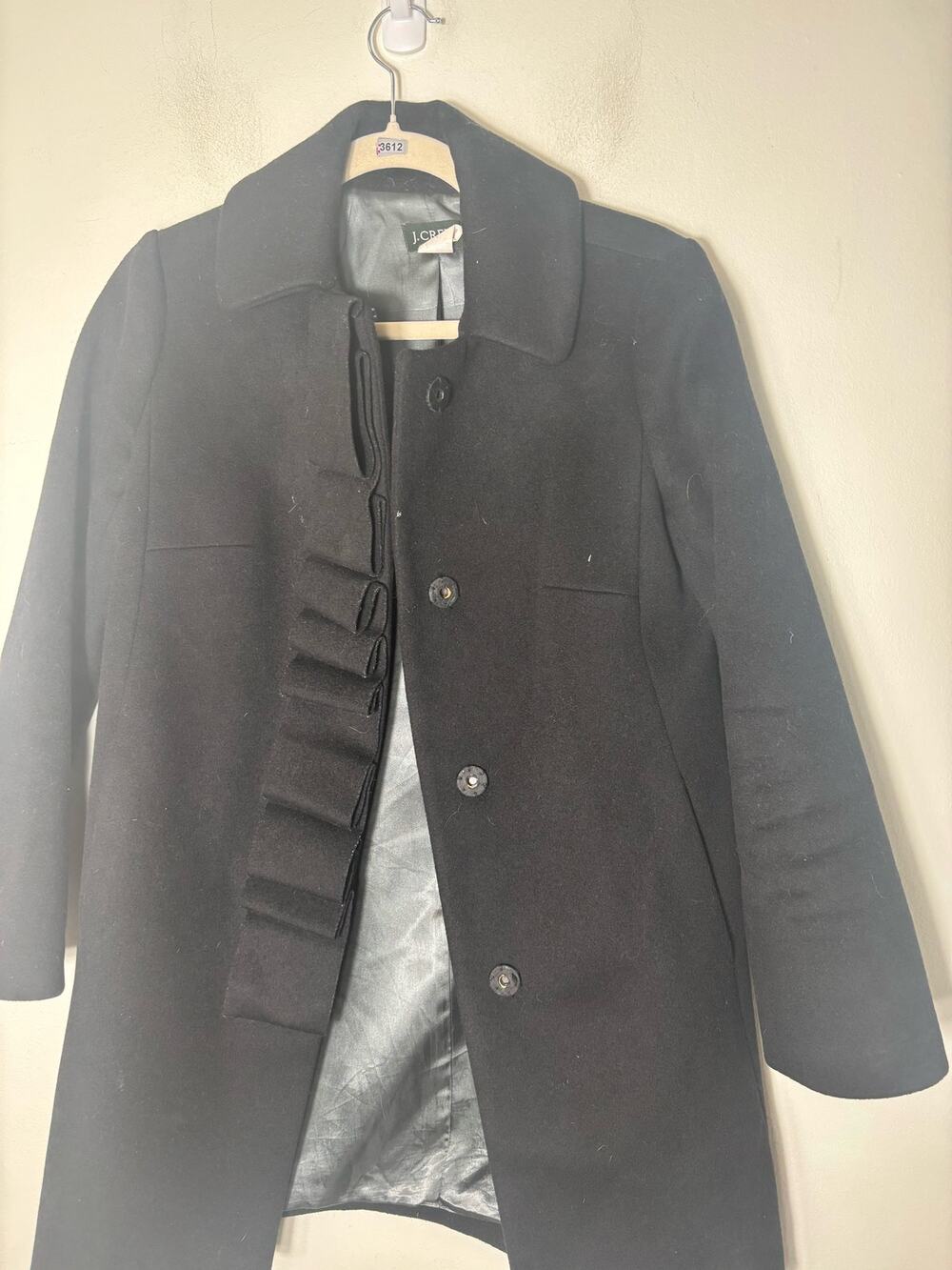J. Crew Black Wool Long Sleeve Coat with Ruffle Front Sz 2 Petite
